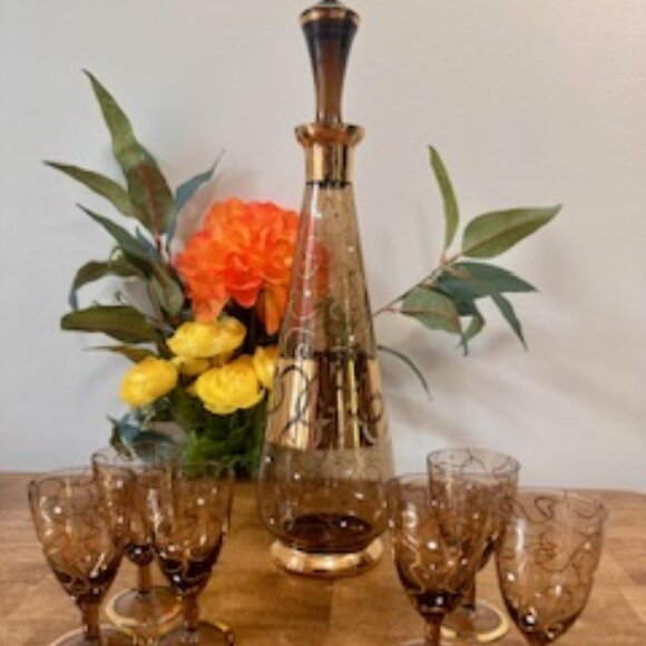 Bohemia Crystal Decanter Set Czechoslovakia – Vintage Amber Glass with Gold Trim - Picture 1 of 9